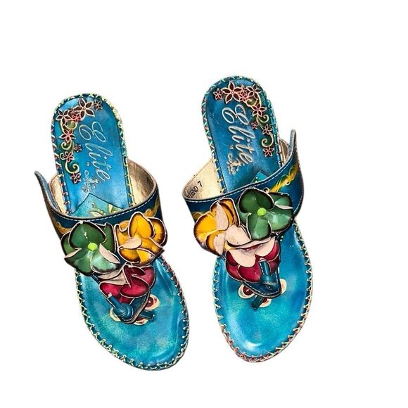 Elite by Corkys Colorful Floral Leather Sandals Size 7 - Picture 1 of 7